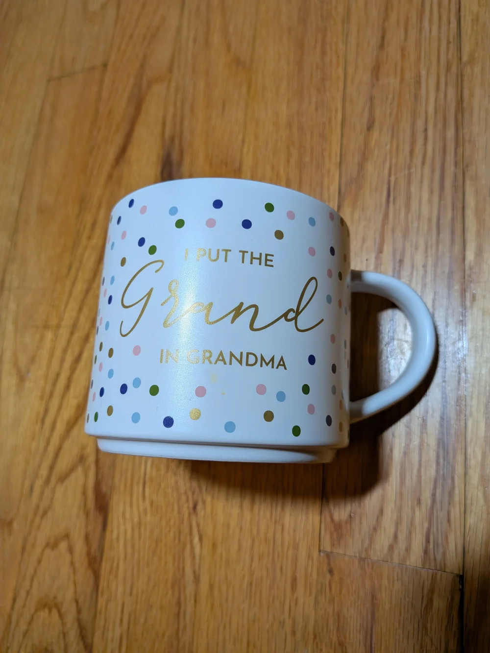Target White Ceramic Mug with Gold Script and Multicolor Polka Dots